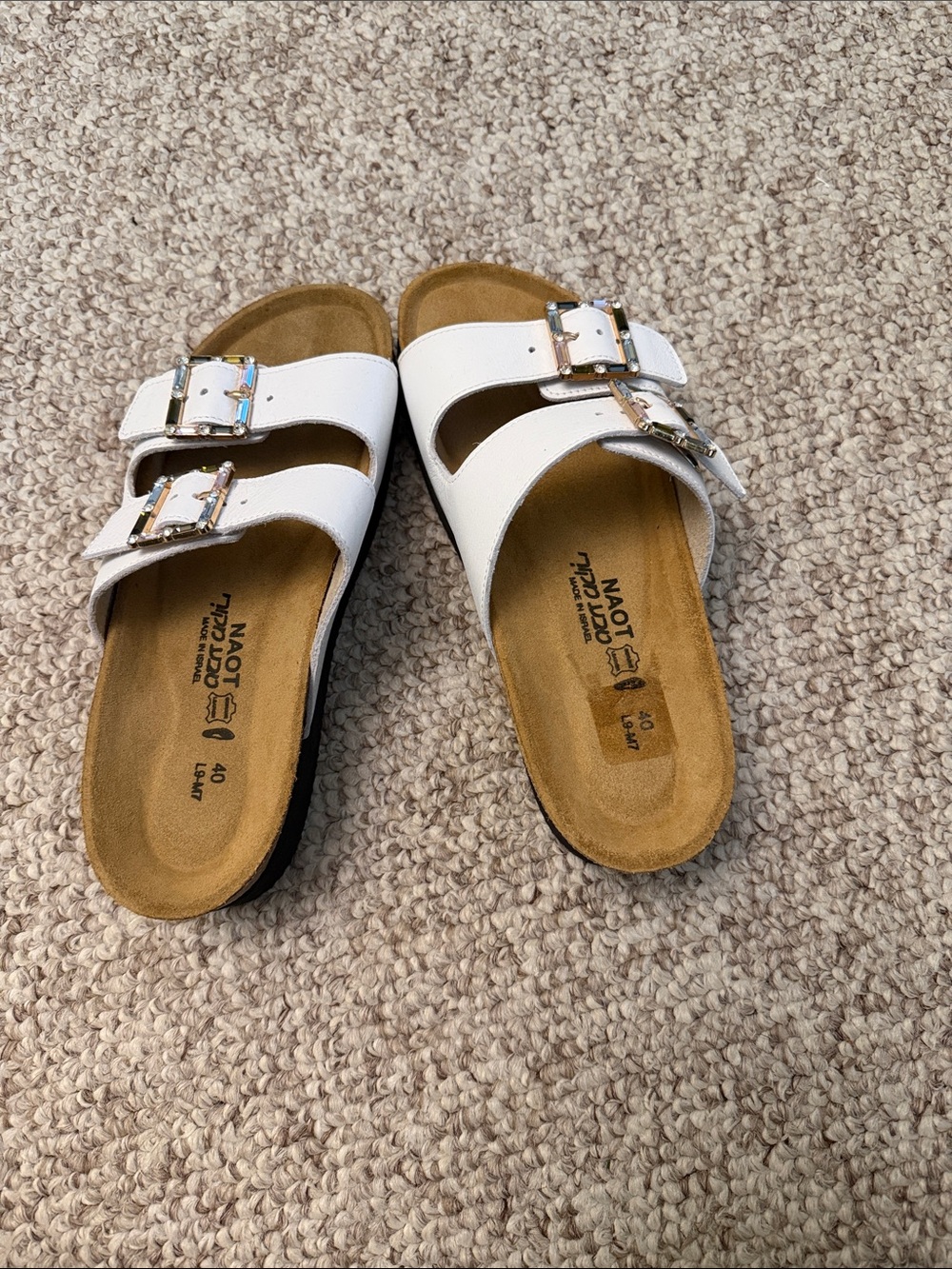 Naot White Double-Buckle Cork leather Footbed Slides with bling Buckles